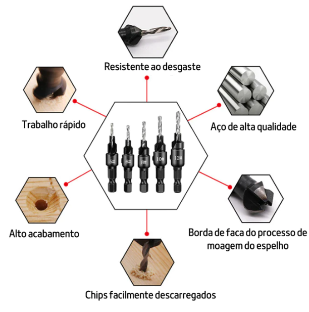 Brocas Escareadoras de Titânio | Kit 5 Peças